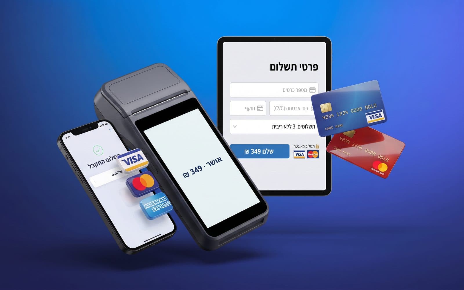 מסך תשלום מאובטח בחנות אונליין עם בחירת אמצעי תשלום ותשלומים