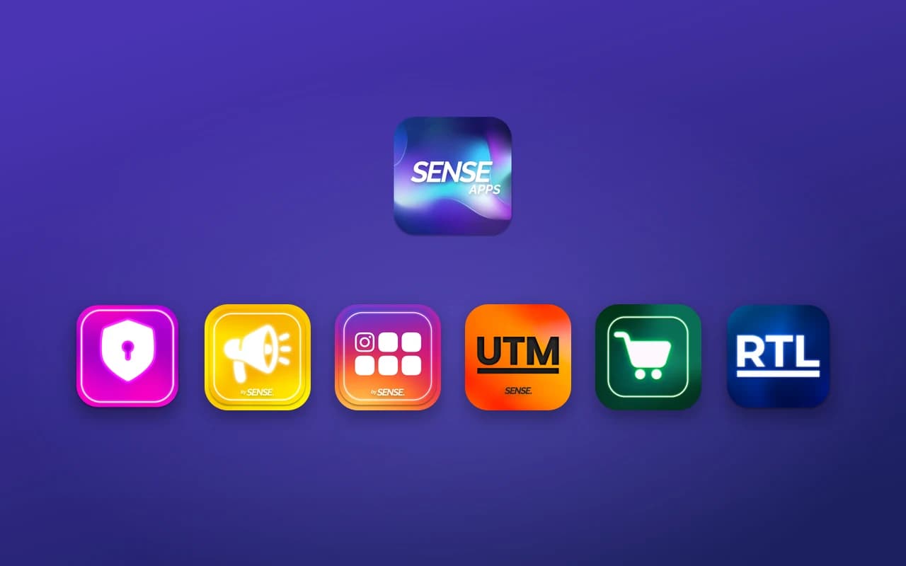 הסמלים של שש האפליקציות של Sense Apps, עם לוגו המיזם, על רקע בצבעי המיזם